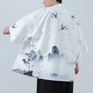 夏季新款风 山水仙鹤印花汉服风衣开衫披风男DSA008-1K85 P40图片