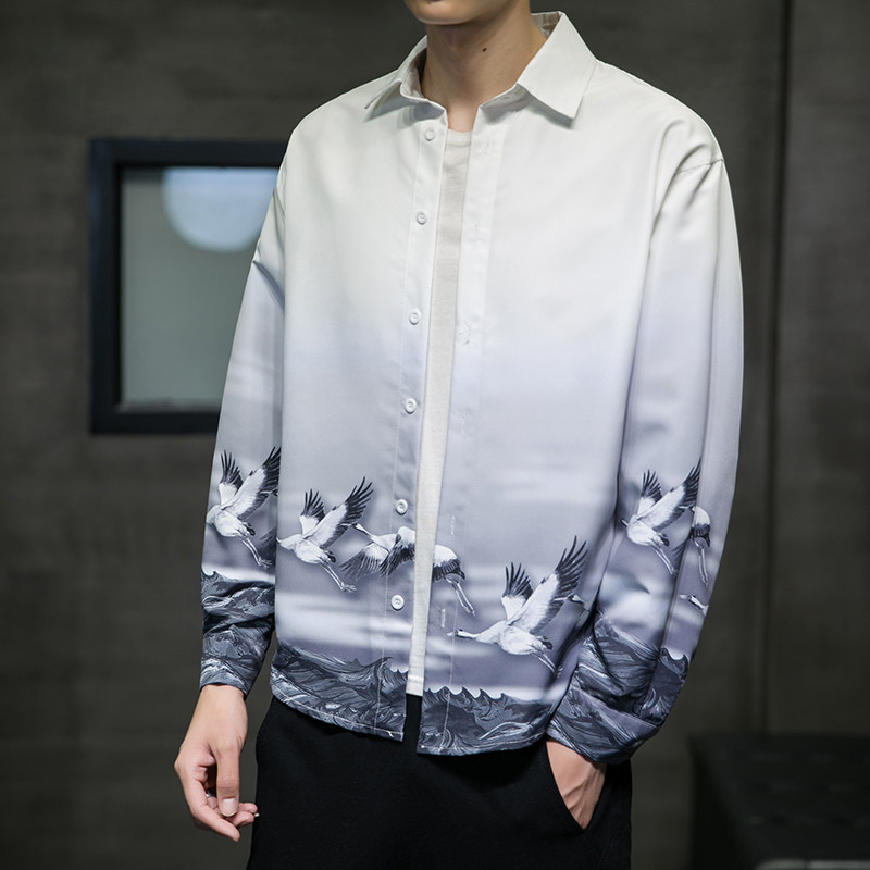 2025新款风仙鹤印花长袖衬衫外塔6006S603-P45,男装衬衫,电商A008-1