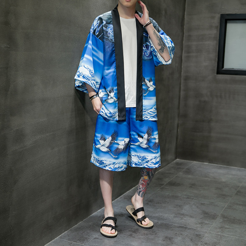 2025夏季风道袍男短袖汉服开衫和服防晒衣套装QT6006TZK51P70,男装防晒衣,电商A008-1