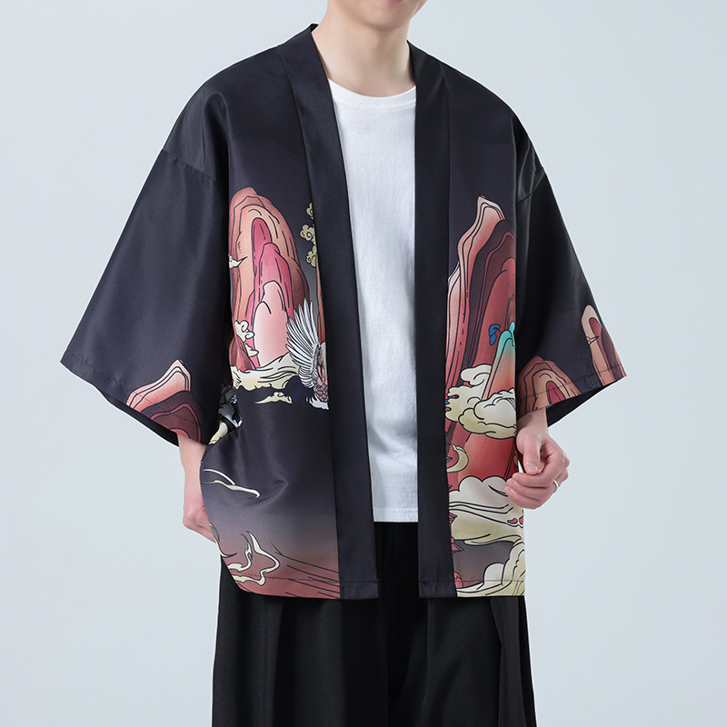 夏季新款风仙鹤印花汉服风衣开衫披风男DSA008-1K85P40,男装风衣,电商A008-1