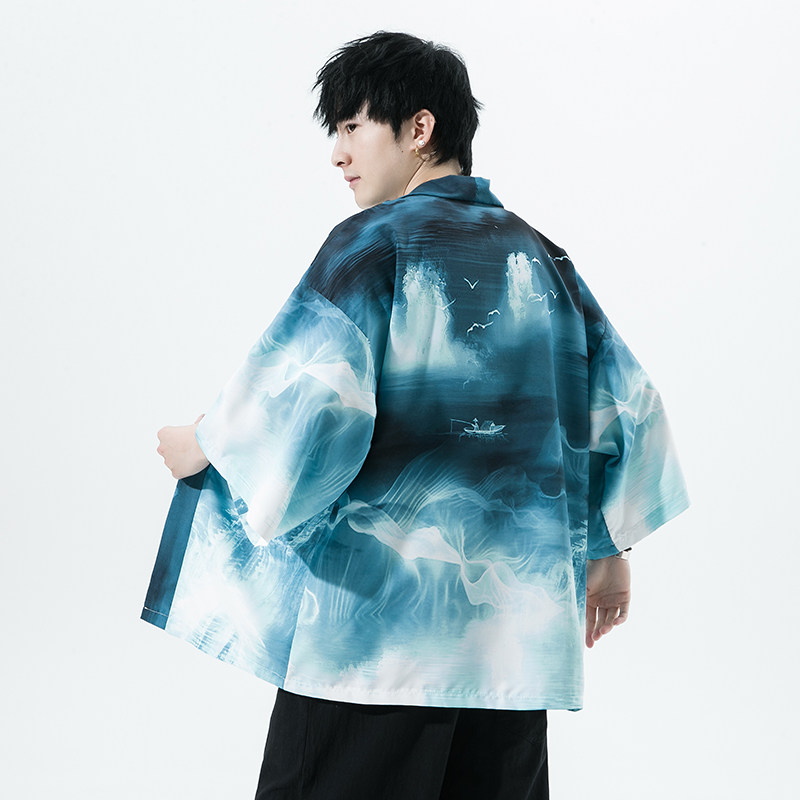 2025夏季新款风印花山川汉服开衫披风男DS-A008-1K89P40,男装民族服装,电商A008-1