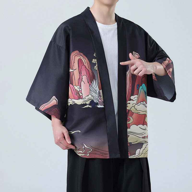 夏季新款风仙鹤印花汉服风衣开衫披风男DSA008-1K85P40,男装风衣,电商A008-1