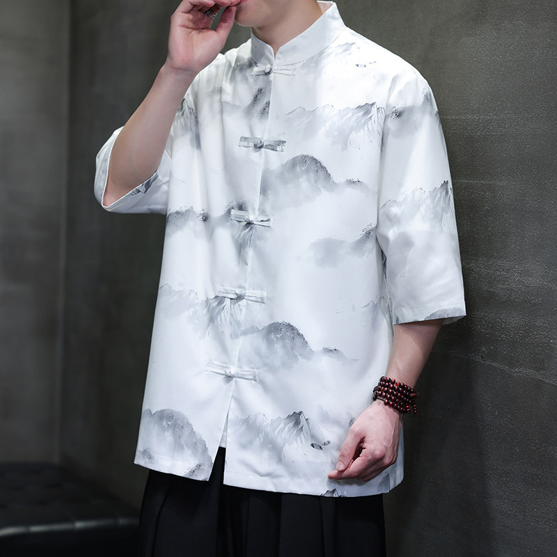 夏季新款风短袖衬衫唐装汉服风印花男A008-1-S207-P45,男装T恤,电商A008-1