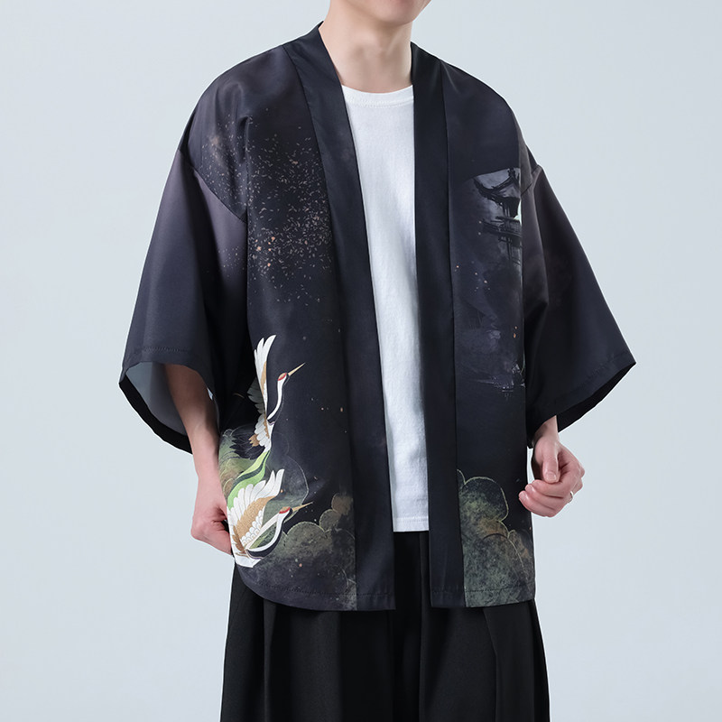 夏季新款风印花仙鹤汉服风衣开衫披风男DSA008-1K85P40,男装风衣,电商A008-1