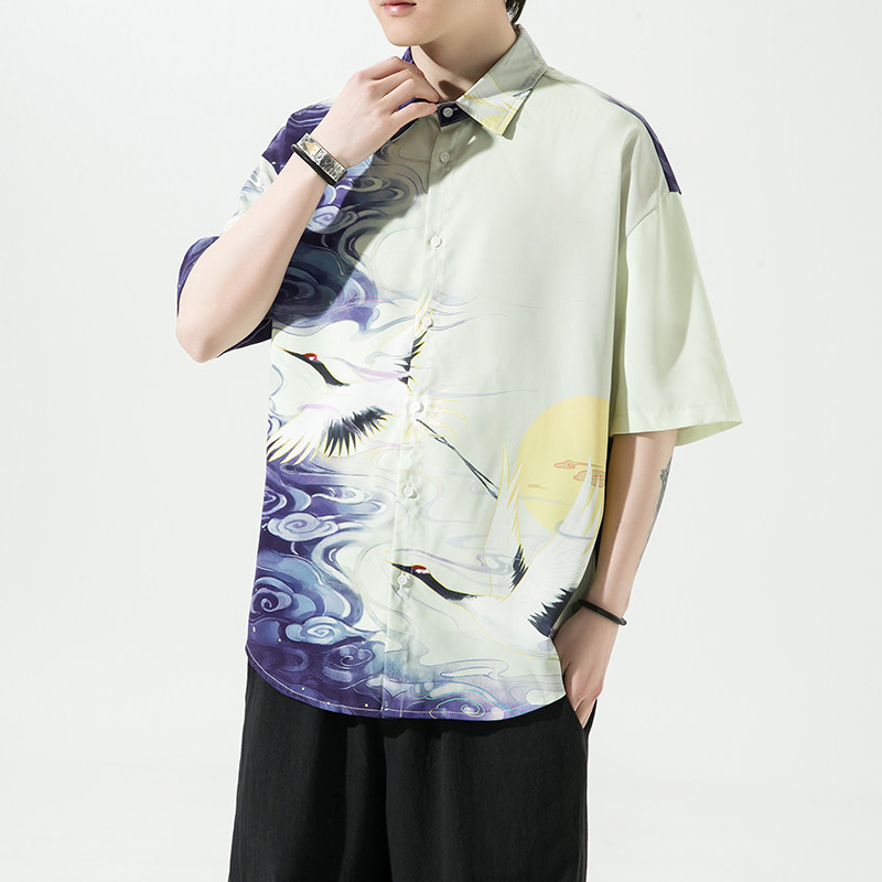 男士印花风休闲男新潮款青年短袖衬衫DS-A008-1-S016-P45,男装衬衫,电商A008-1