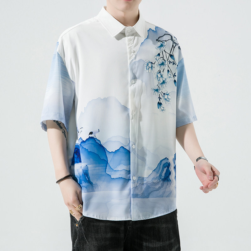 男士印花风休闲男新潮款青年短袖衬衫DS-A008-1-S021-P45,男装衬衫,电商A008-1
