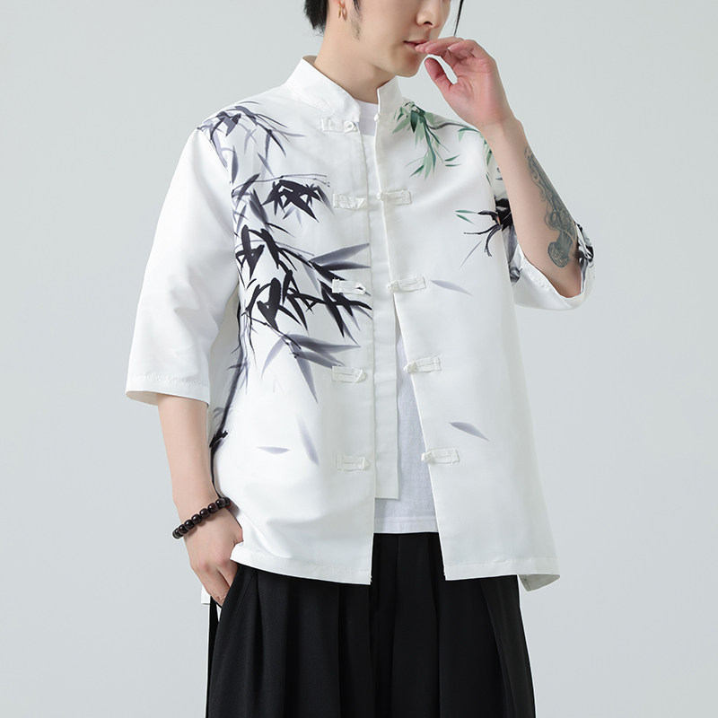 2025夏季新款风短袖衬衫唐装汉服风印花男A008-1-S204-P45,男装T恤,电商A008-1