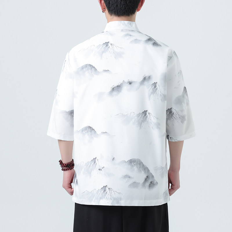 夏季新款风短袖衬衫唐装汉服风印花男A008-1-S207-P45,男装T恤,电商A008-1