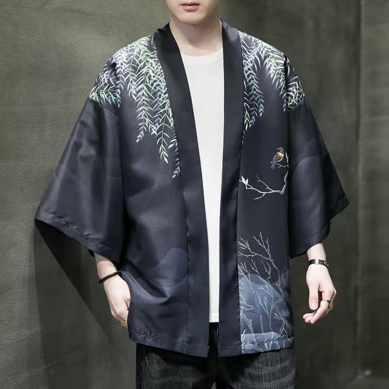 夏季新款风大鱼竹叶和服开衫披风男DS-A008-1-K91p40,男装风衣,电商A008-1