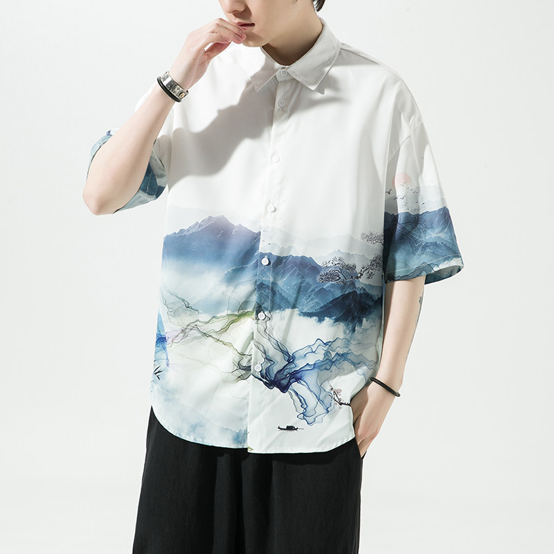 男士印花风休闲男新潮款青年短袖衬衫DS-A008-1-S017-P45,男装衬衫,电商A008-1
