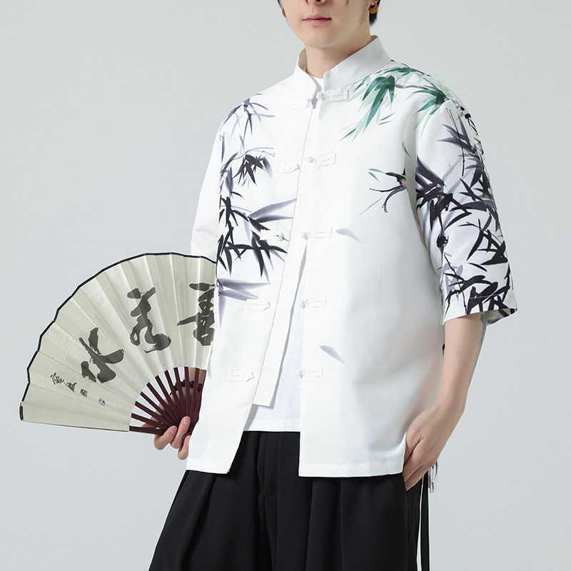 2025夏季新款风短袖衬衫唐装汉服风印花男A008-1-S204-P45,男装T恤,电商A008-1