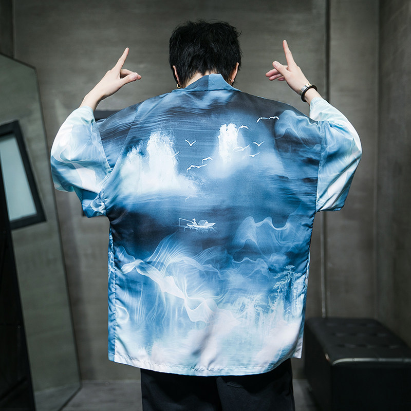 2025夏季新款风印花山川汉服开衫披风男DS-A008-1K89P40,男装民族服装,电商A008-1
