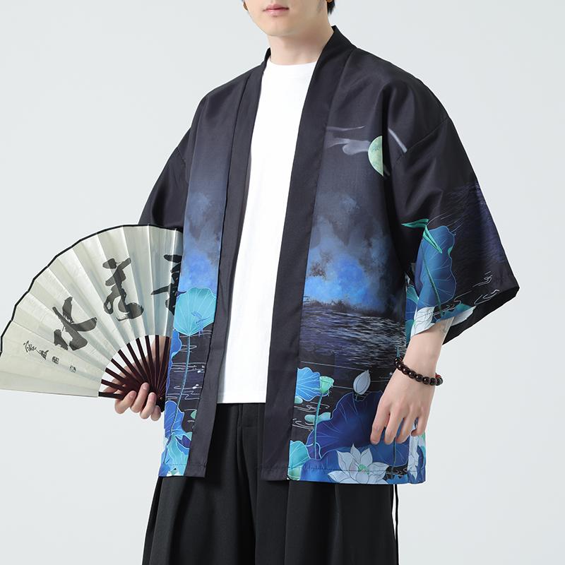 夏季新款风青山仙鹤印花汉服风衣开衫披风男DSA008-1K87P40,男装风衣,电商A008-1