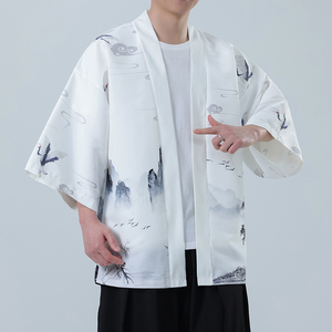 夏季新款风 山水仙鹤印花汉服风衣开衫披风男DSA008-1K85 P40图片