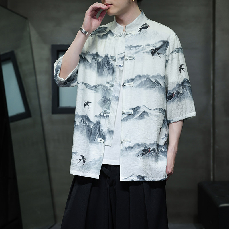夏季新款风短袖衬衫唐装汉服风印花男A008-1-1102-P50,男装T恤,电商A008-1