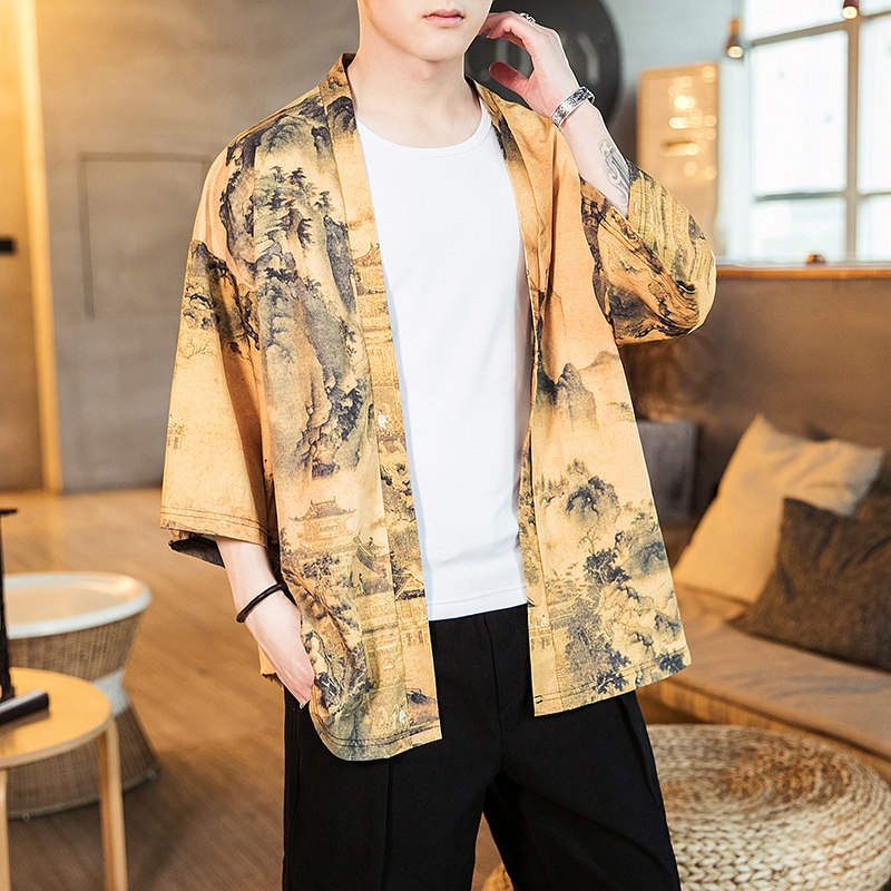 2025夏季新款风飞鹤山水鲤鱼汉服开衫披风男DSA008-1K02p40,男装民族服装,电商A008-1