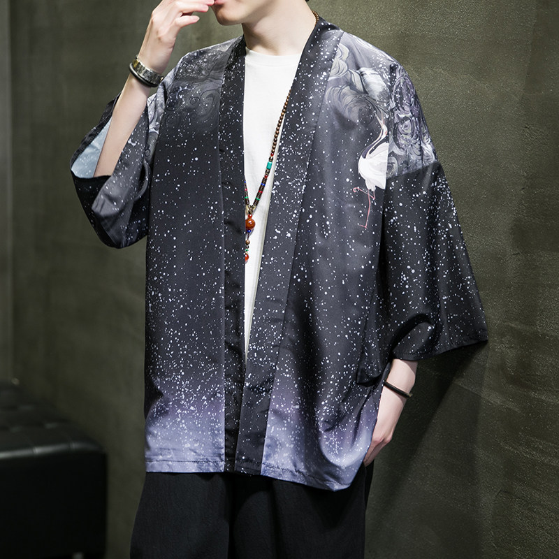 夏季新款风青叶仙鹤汉服开衫披风男DS-A008-1-K037p40,男装风衣,电商A008-1
