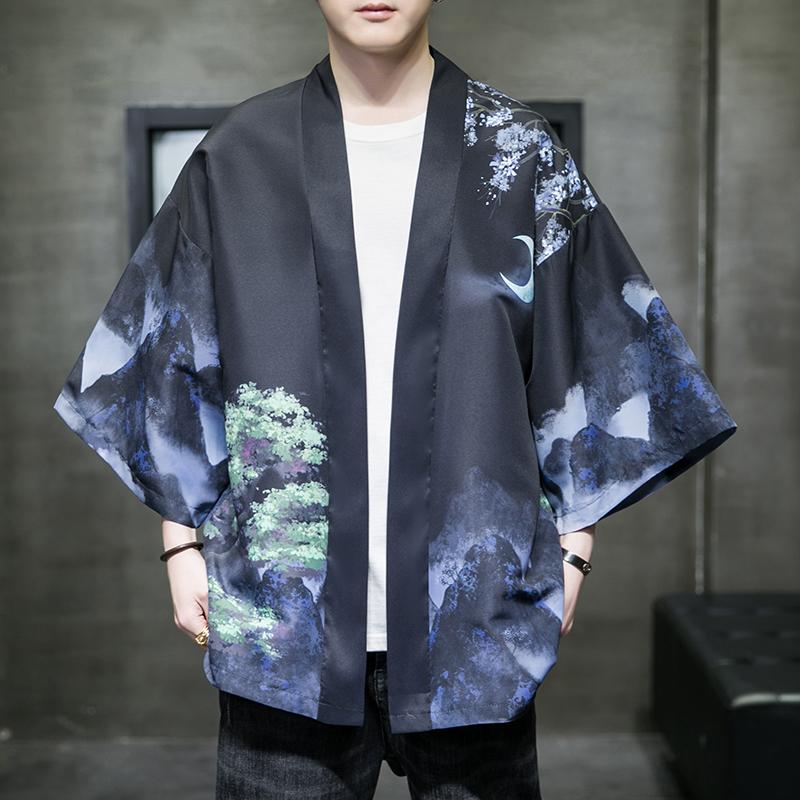 夏季新款风大鱼竹叶和服开衫披风男DS-A008-1-K91p40，男装风衣，电商A008-1