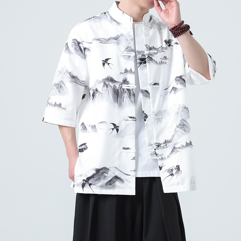 夏季新款风短袖衬衫唐装汉服风印花男A008-1-S206-P45,男装T恤,电商A008-1
