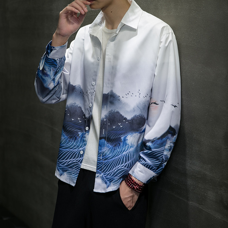 新款风 山水 印花长袖衬衫外塔 6006S602-P45图片