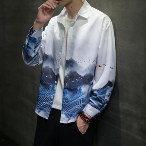 新款风 山水 印花长袖衬衫外塔 6006S602-P45图片