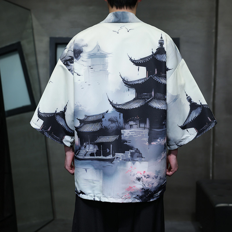 夏季时尚新款风印花汉服风衣开衫披风男DSA008-1K85P40,男装风衣,电商A008-1