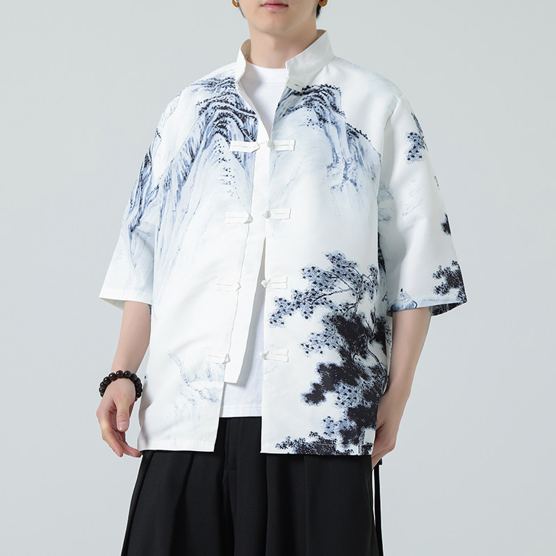 2025夏季新款风短袖衬衫唐装汉服风印花男A008-1-S202-P45,男装T恤,电商A008-1