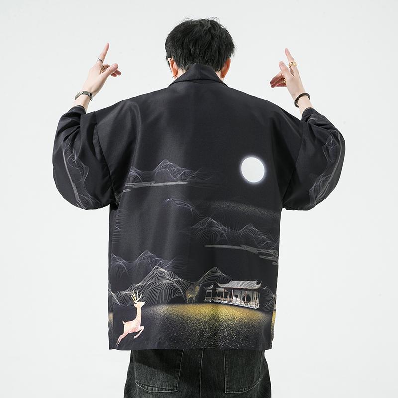 夏季新款风仙鹤祥鹿汉服开衫披风男DS-A008-1-K93p40,男装民族服装,电商A008-1