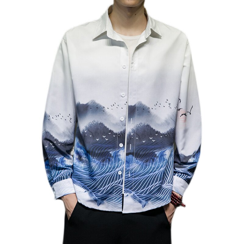 新款风山水印花长袖衬衫外塔6006S602-P45,男装衬衫,电商A008-1