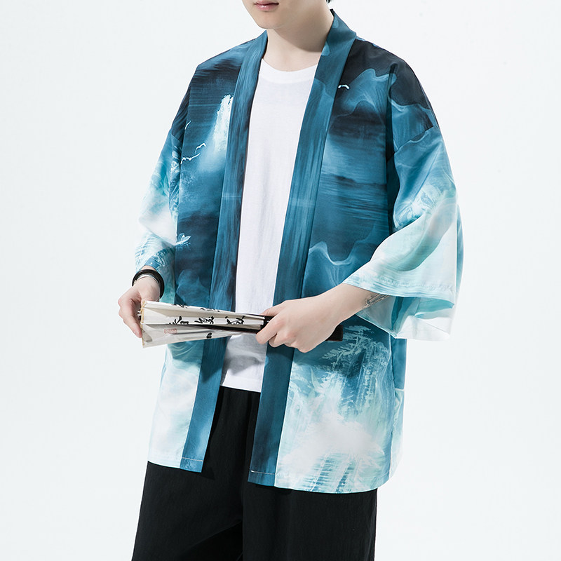 2025夏季新款风印花山川汉服开衫披风男DS-A008-1K89P40,男装民族服装,电商A008-1