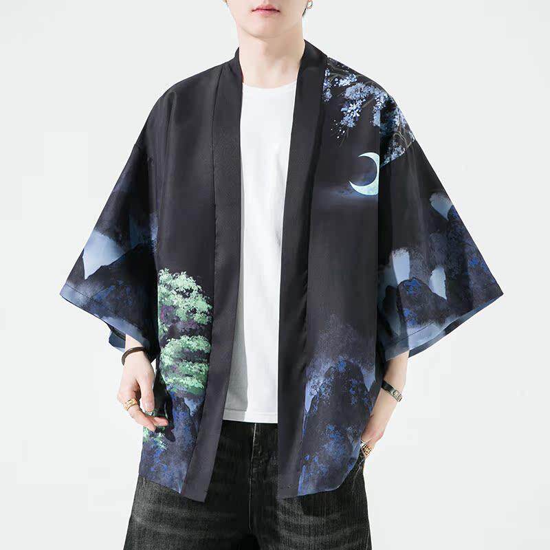 夏季新款风大鱼竹叶和服开衫披风男DS-A008-1-K91p40,男装风衣,电商A008-1