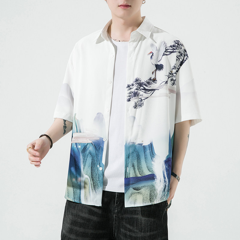 男士印花风休闲男新潮款青年短袖衬衫DS-A008-1-S025-P45,男装T恤,电商A008-1