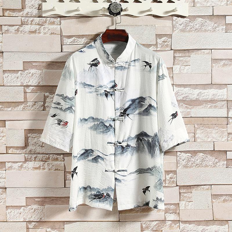 夏季新款风短袖衬衫唐装汉服风印花男A008-1-1102-P50,男装衬衫,电商A008-1