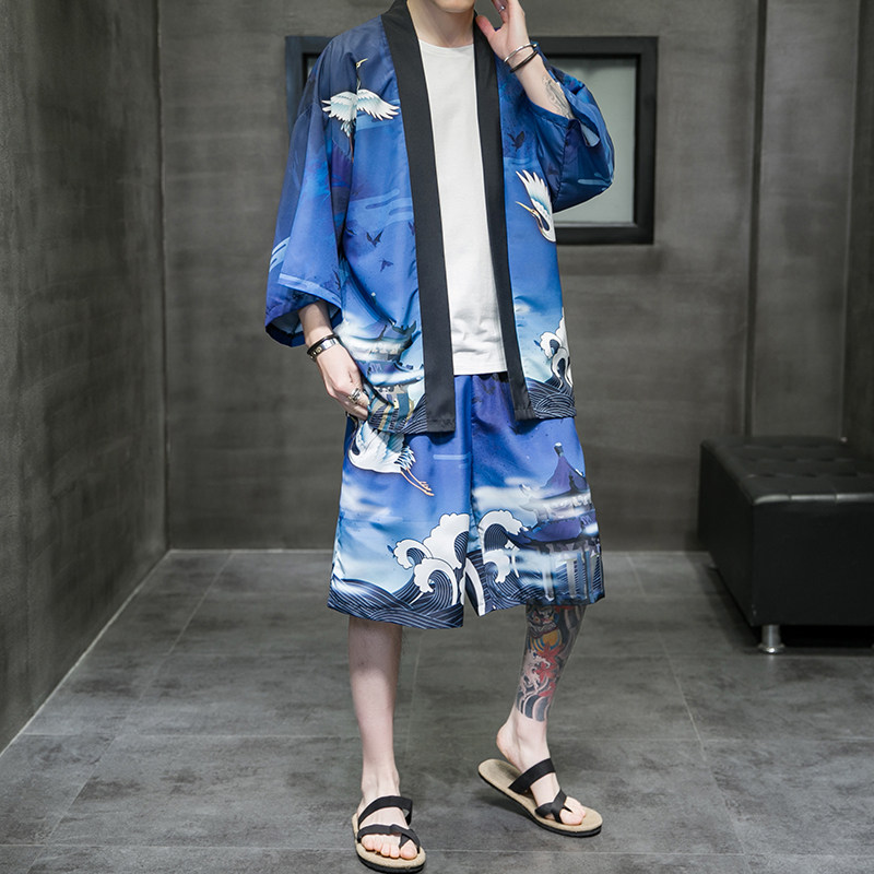 2023风道袍男短袖汉服开衫和服防晒衣套装DS-A008-1-TZK51P70,男装防晒衣,电商A008-1
