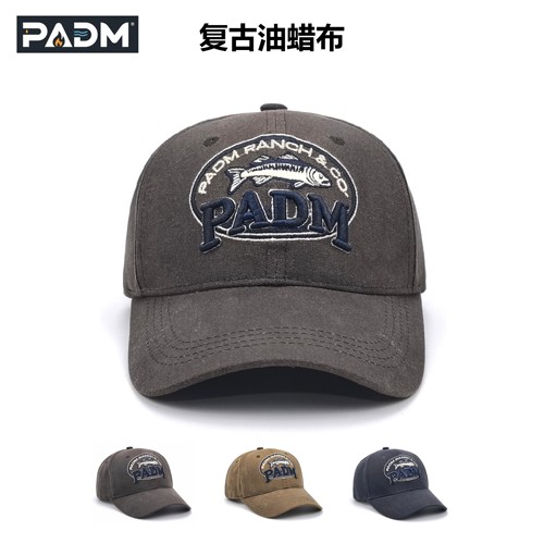 PADM复古油蜡布棒球帽小鱼刺绣硬顶鸭舌帽男女做旧户外钓鱼遮阳帽