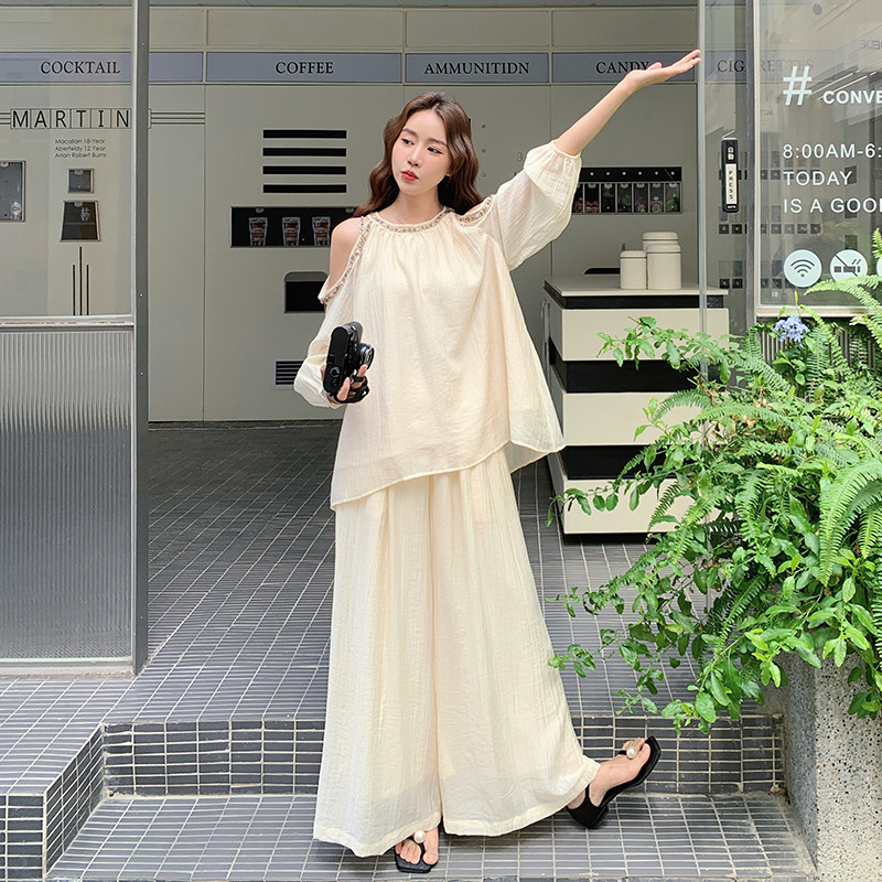 波西米亚风露肩上衣宽松显瘦阔腿裤套装女2025夏款减龄两件套潮,女装套装/套裙,浙宝205