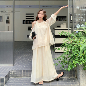 波西米亚风露肩上衣宽松显瘦阔腿裤套装女2025夏款减龄两件套潮图片