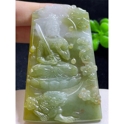 正品天然A货翡翠缅甸料玉石冰黄翡文殊菩萨吊坠 生肖兔守护神玉坠