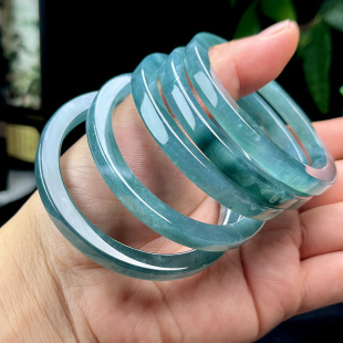 50-60圈口翡翠方镯保真天然A货冰底蓝绿玉石手镯女直边玉镯子送证