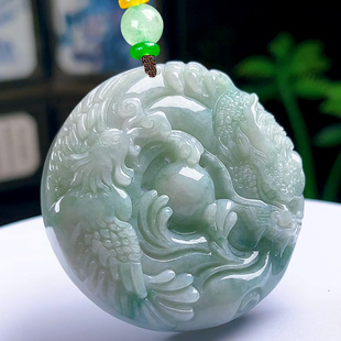 天然A货翡翠龙凤玉佩玉石吊坠厚装玉龙凤玉坠情侣挂件男女送证书