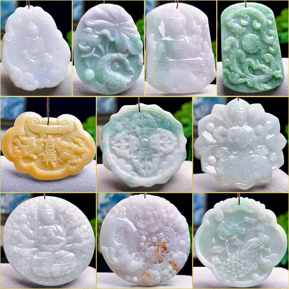 缅甸天然A货翡翠山水观音荷叶鱼特色花件吊坠圆牌平安玉佩 男女款