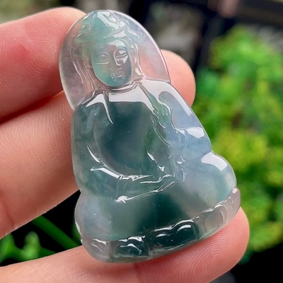天然A货翡翠蓝水绿托瓶观音吊坠 正品玉石老坑冰种观世音玉坠男女