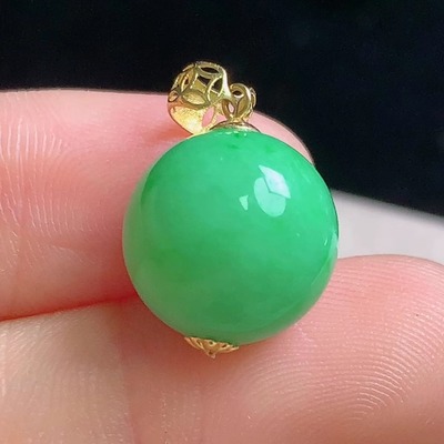 11mm翡翠转运珠玉坠缅甸玉石天然A货18K金镶冰满绿路路通圆珠吊坠