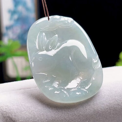 天然A货玉石缅甸料翡翠冰润兔牌吊坠 生肖兔玉坠小兔子挂件玉兔