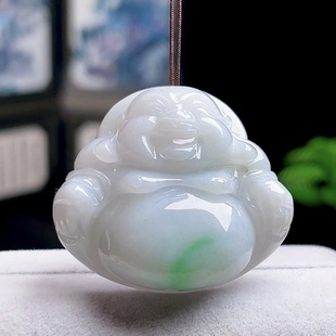 缅甸料A货飘绿大佛公吊坠玉佛笑佛玉坠天然玉石翡翠弥勒佛挂件