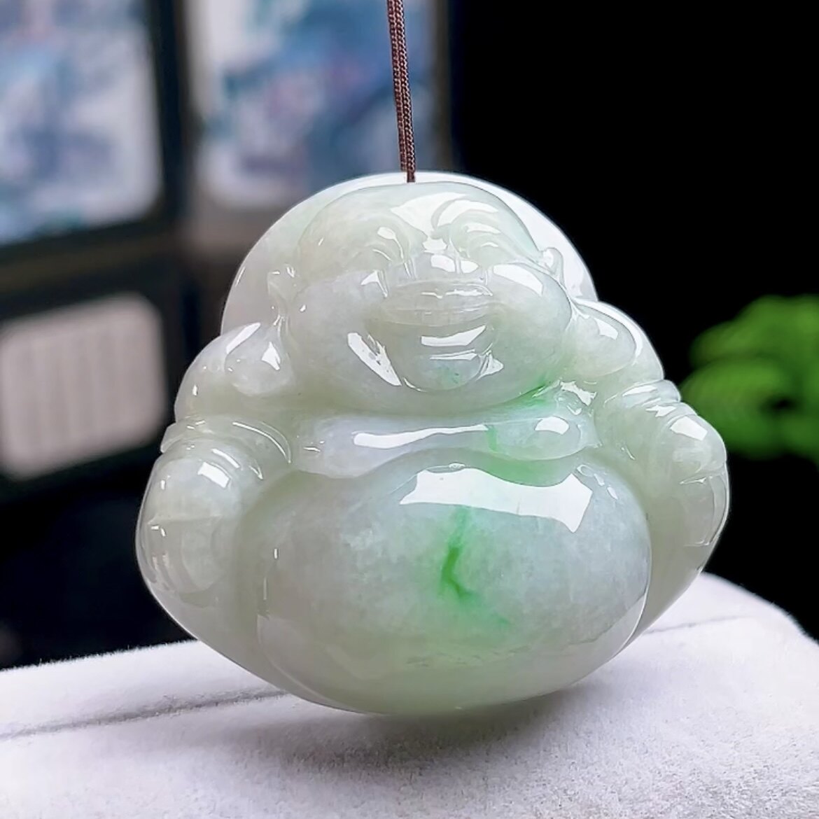 缅甸料A货冰飘绿佛公吊坠玉佛笑佛玉坠天然玉石翡翠弥勒佛挂件