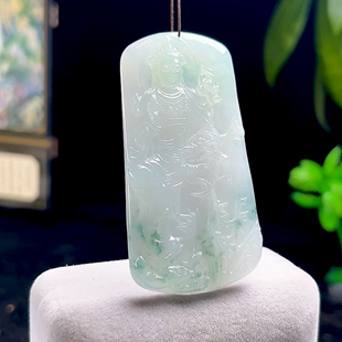 生肖马守护神玉坠 缅甸料天然A货玉石翡翠冰飘花大势至菩萨牌吊坠