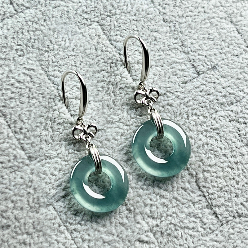 S925银镶嵌甜甜圈翡翠耳坠天然A货玉石耳环老坑冰种蓝水玉耳饰女