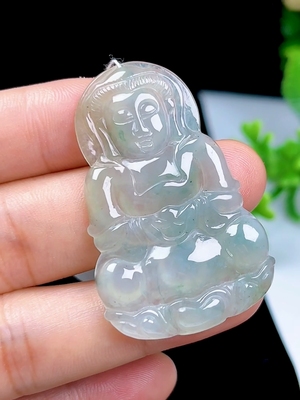缅甸料老坑冰种飘花玉观音吊坠挂件天然A货玉石翡翠观世音玉坠
