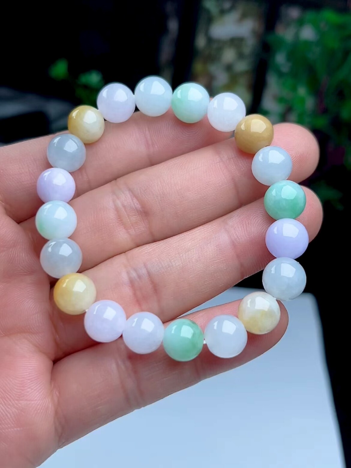 9-10mm巧色多彩圆珠翡翠手链 缅甸玉石天然a货冰紫黄翡飘花玉手串